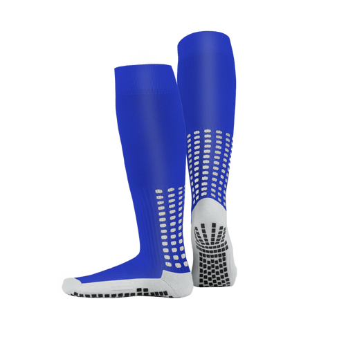 Blue knee-length LUX football grip socks with anti-slip DualGrip sole
