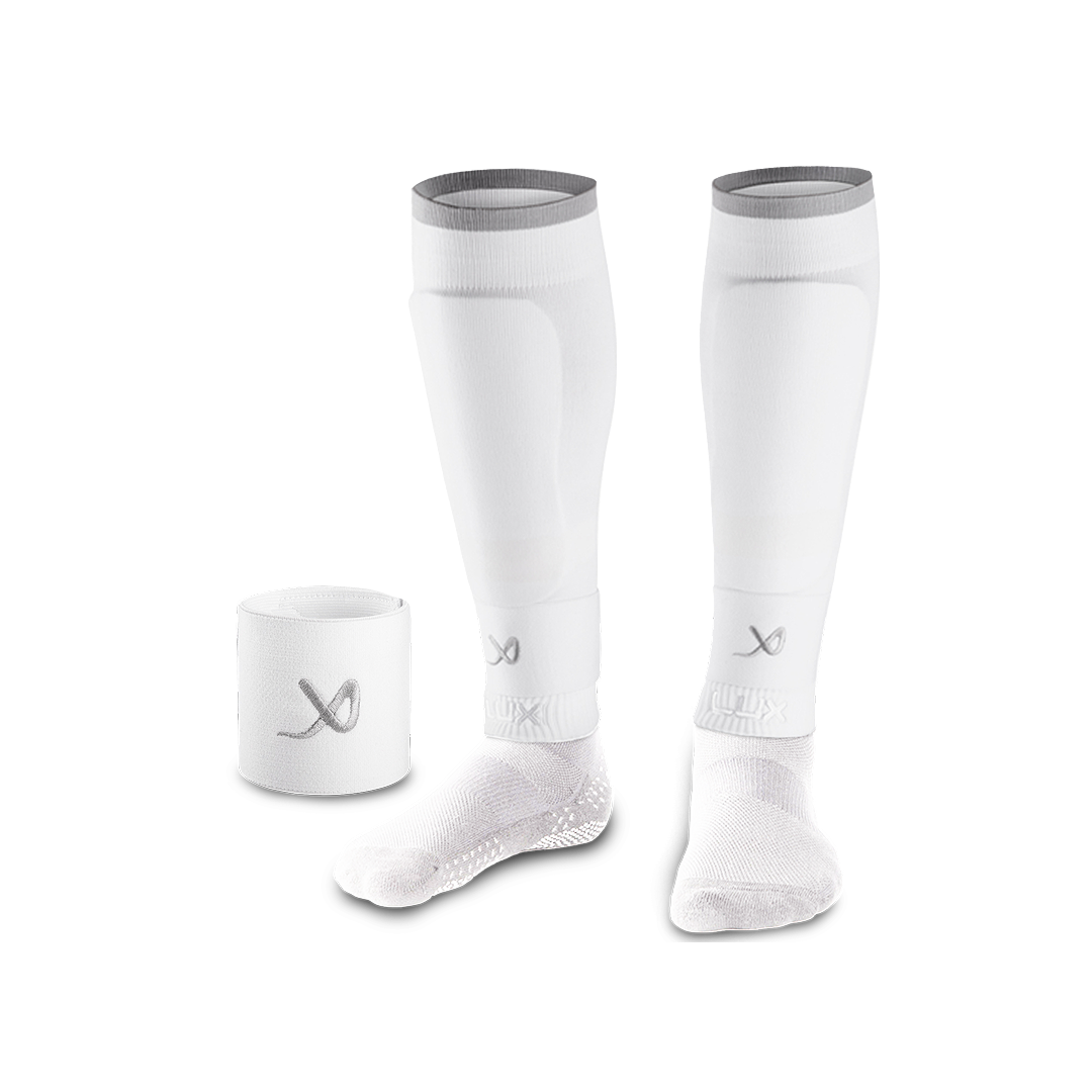 White LUX football sleeves with compression fit, transparent product image