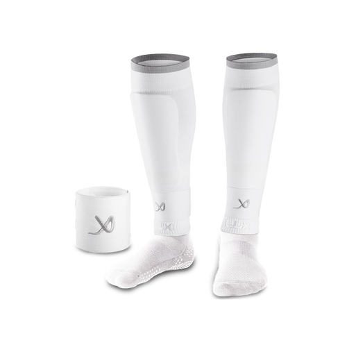 White LUX football sleeves with compression fit, transparent product image