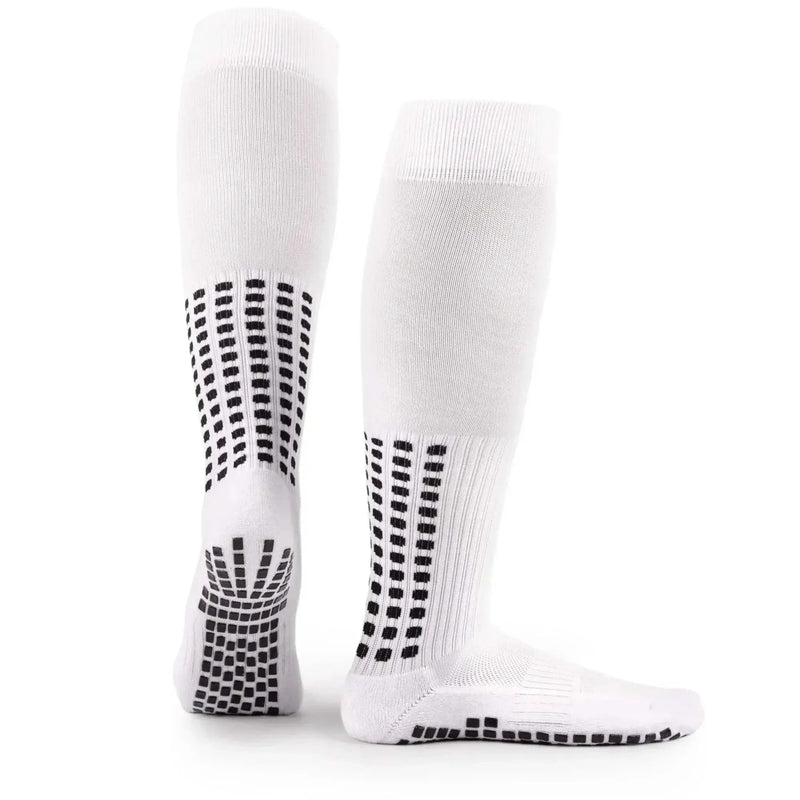 Lux Soccer Grip white knee-high football socks with dual inner and outer grips for enhanced traction and stability.