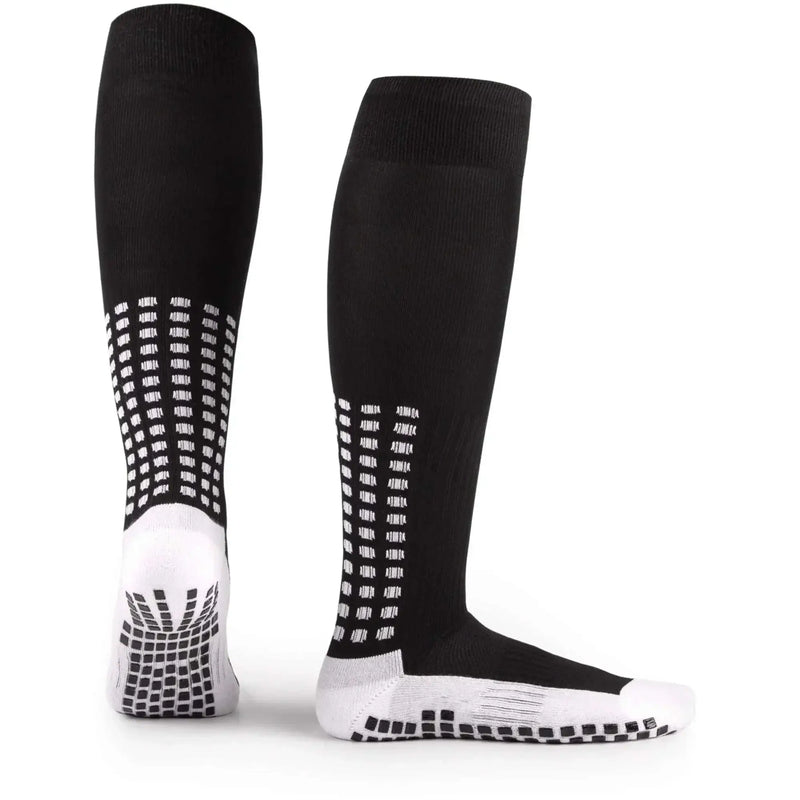Black grip socks football knee socks with dual grips for enhanced performance.