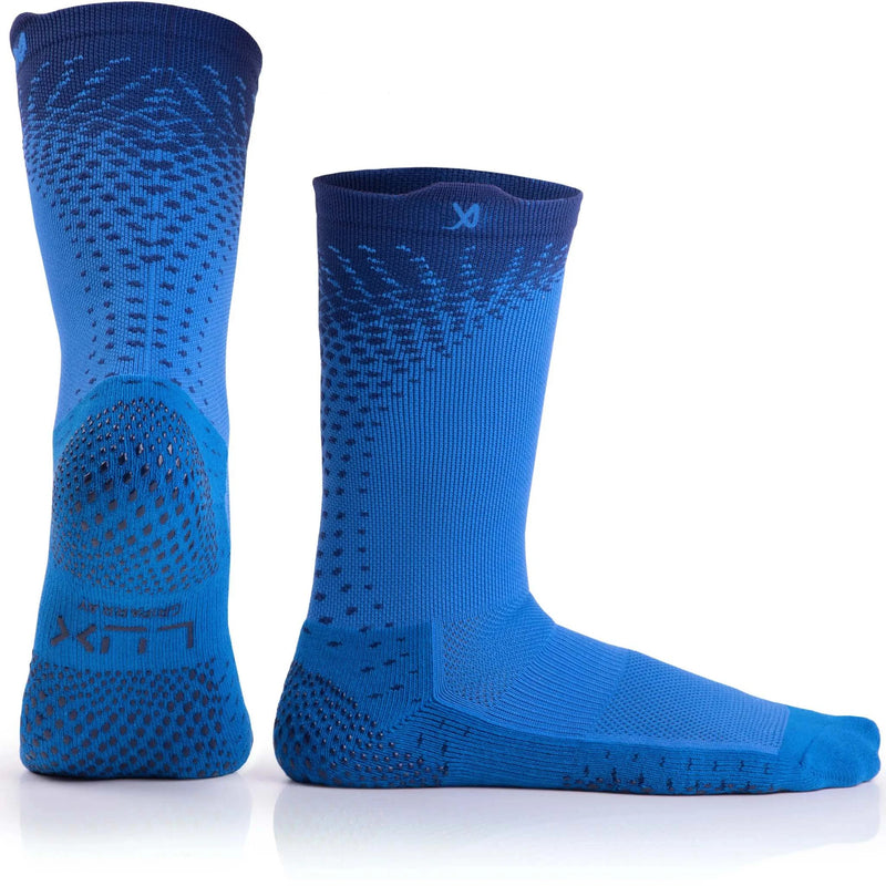 Blue performance grip sport socks with advanced GripArray technology for superior traction and comfort, designed by LUX.