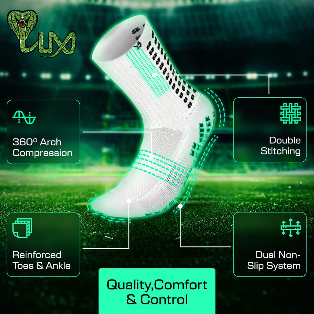 White LUX grip socks football with 360° arch compression, reinforced toes and ankle, double stitching, and dual non-slip system for quality, comfort, and control