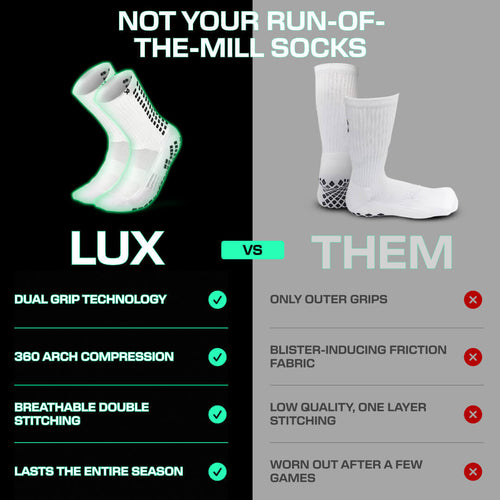 White LUX grip socks football with dual grip technology and 360 arch compression for enhanced stability and comfort