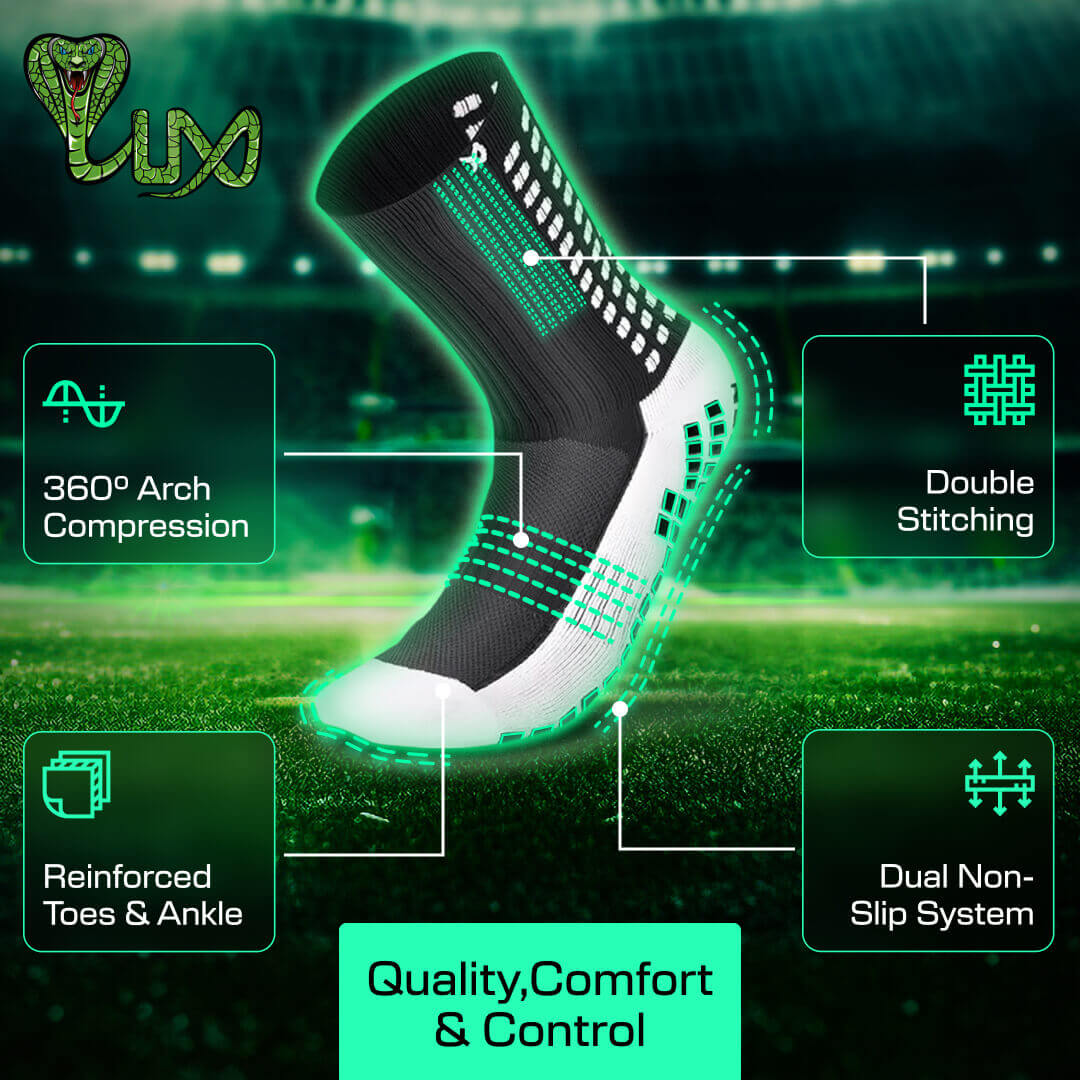 Black LUX anti-slip grip football socks with GripArray technology, 360° arch compression, and reinforced toe and heel for enhanced performance and stability.