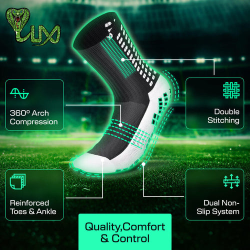 Black LUX anti-slip grip football socks with GripArray technology, 360° arch compression, and reinforced toe and heel for enhanced performance and stability.