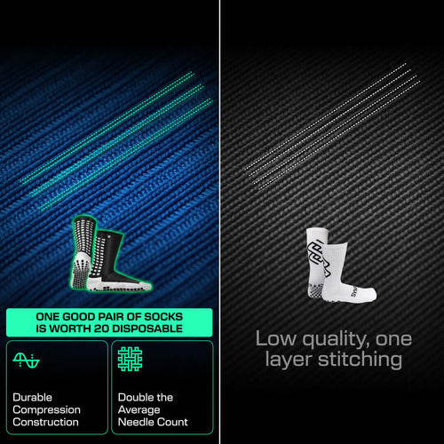 Comparison of LUX Grip Socks Football with superior double-needle stitching and durable compression versus low-quality single-layer stitched white socks