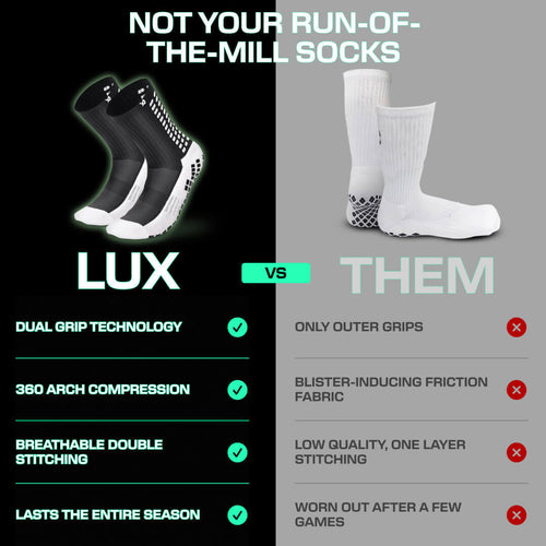 Black LUX grip socks football with dual grip technology and 360 arch compression for enhanced stability and comfort