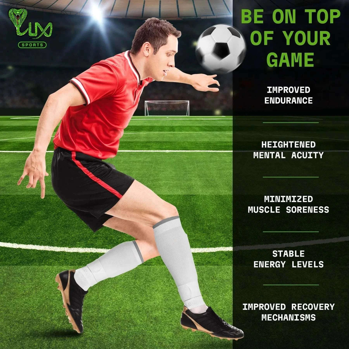 White LUX football sleeves with advanced compression technology on a player in action, highlighting improved endurance and performance.