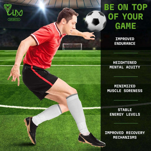 White LUX football sleeves with advanced compression technology on a player in action, highlighting improved endurance and performance.