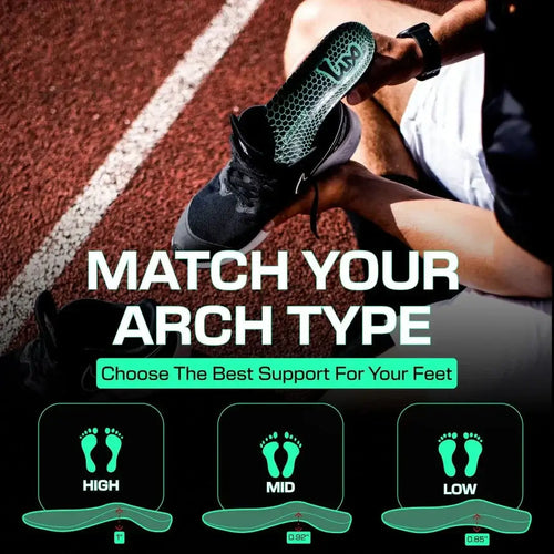 Sport insoles with customizable arch support being matched to arch type for optimal foot comfort and performance.