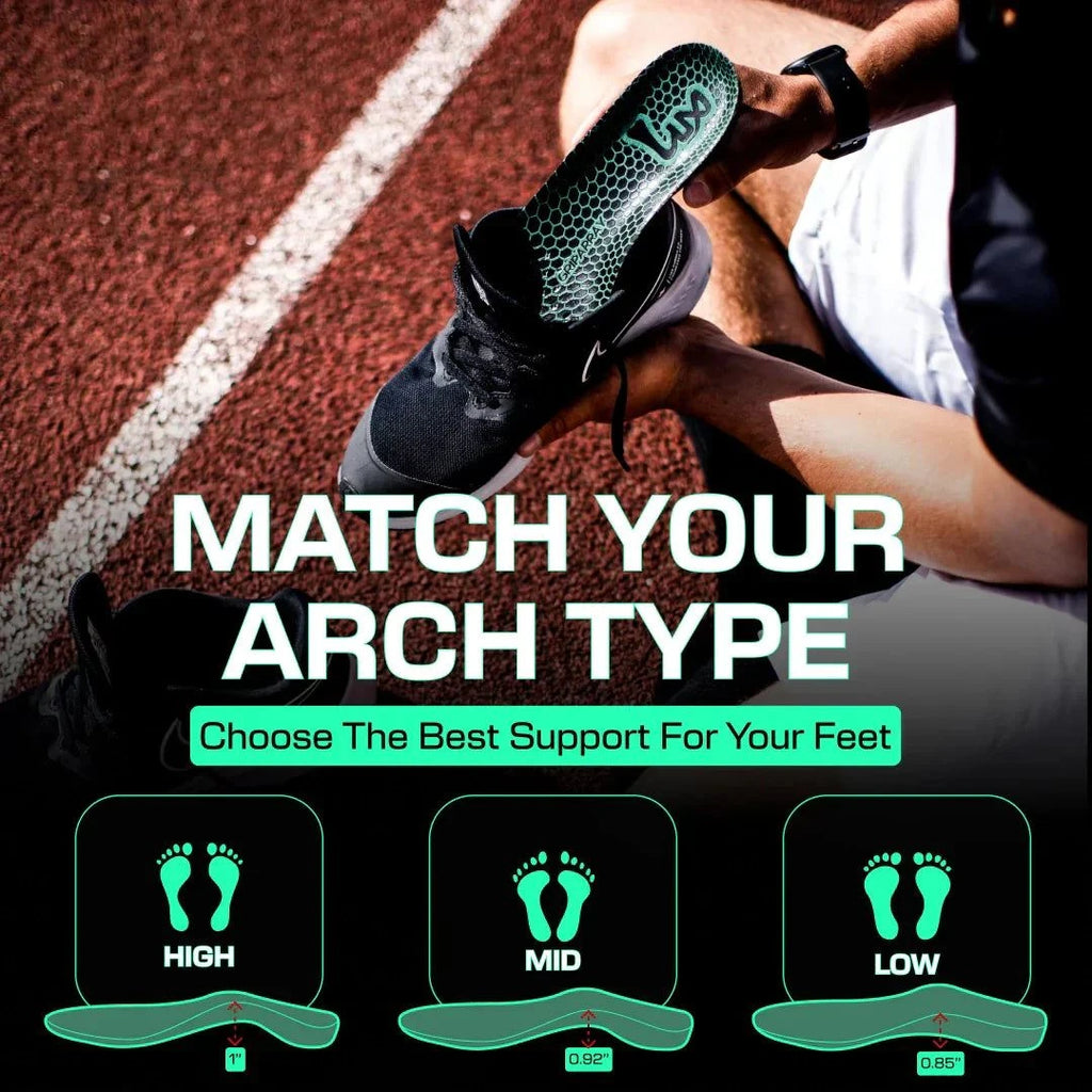 Lux Dual Grip™ Sports Insoles with arch type options for high, mid, and low support, featuring GripArray™ technology for enhanced performance.
