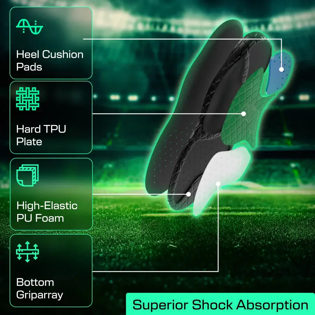 Sport insoles with GripArray™ technology, featuring heel cushion pads, hard TPU plate, high-elastic PU foam, and bottom grip array for superior shock absorption.