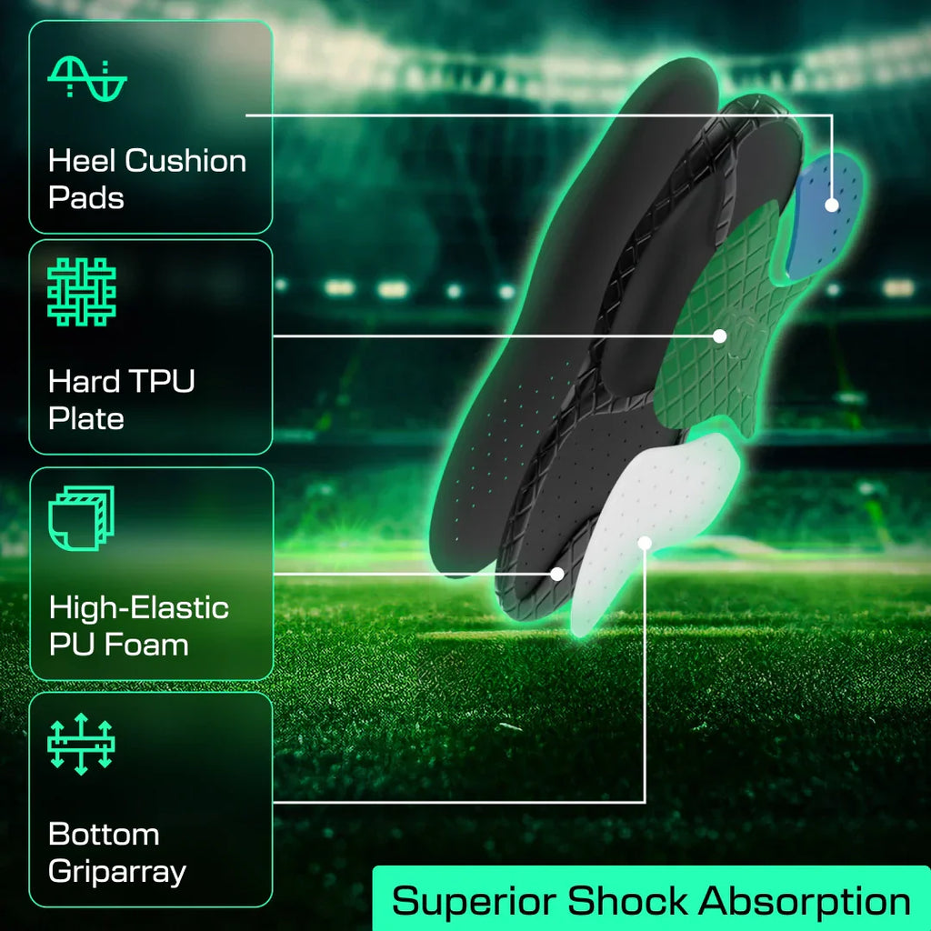 Lux Dual Grip™ sports insoles with GripArray™, superior shock absorption features, TPU plate, heel cushion, high-elastic PU foam, and bottom grip technology.
