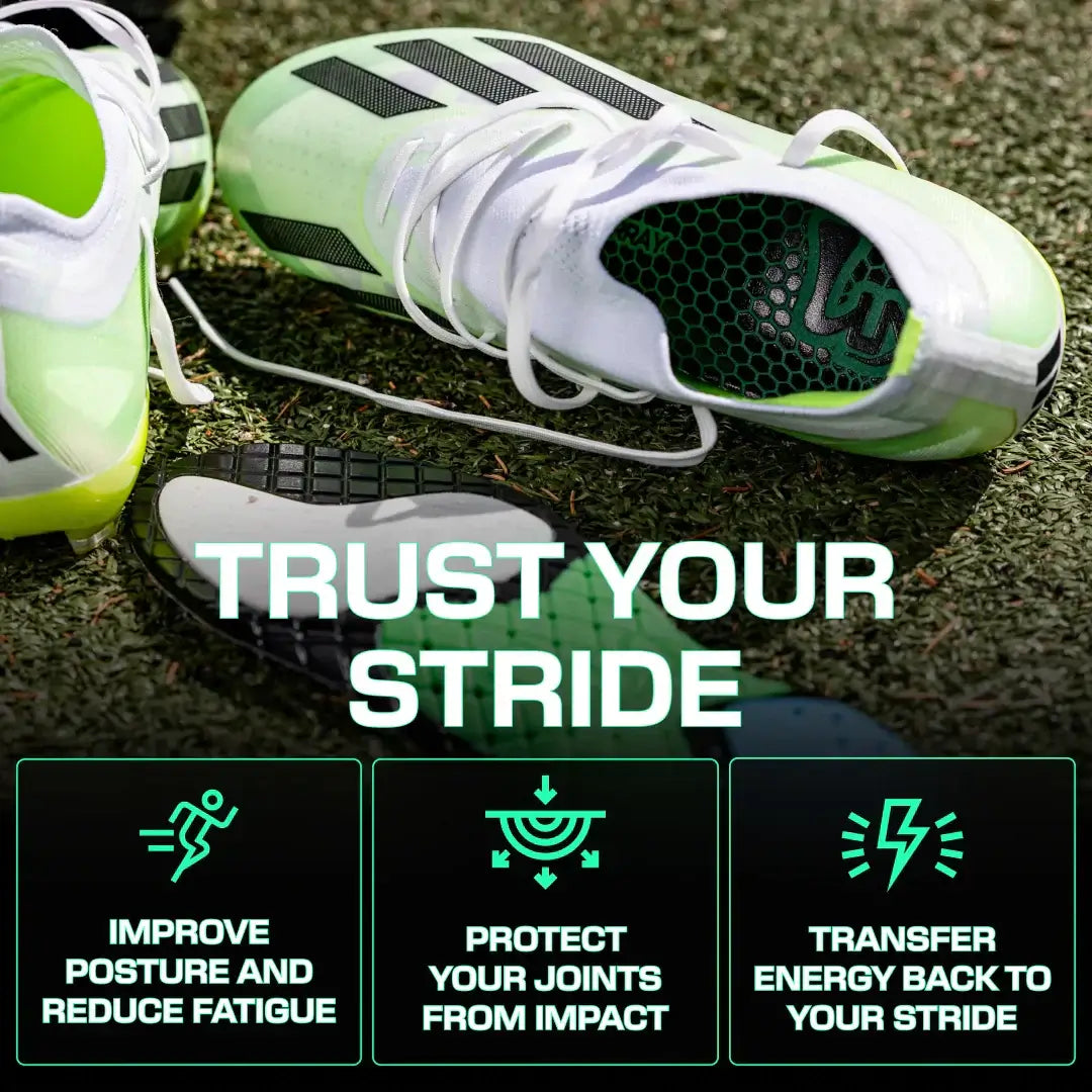 Sport insoles with dual grip technology inside athletic shoe on grass, highlighting stability, comfort, and joint protection benefits.