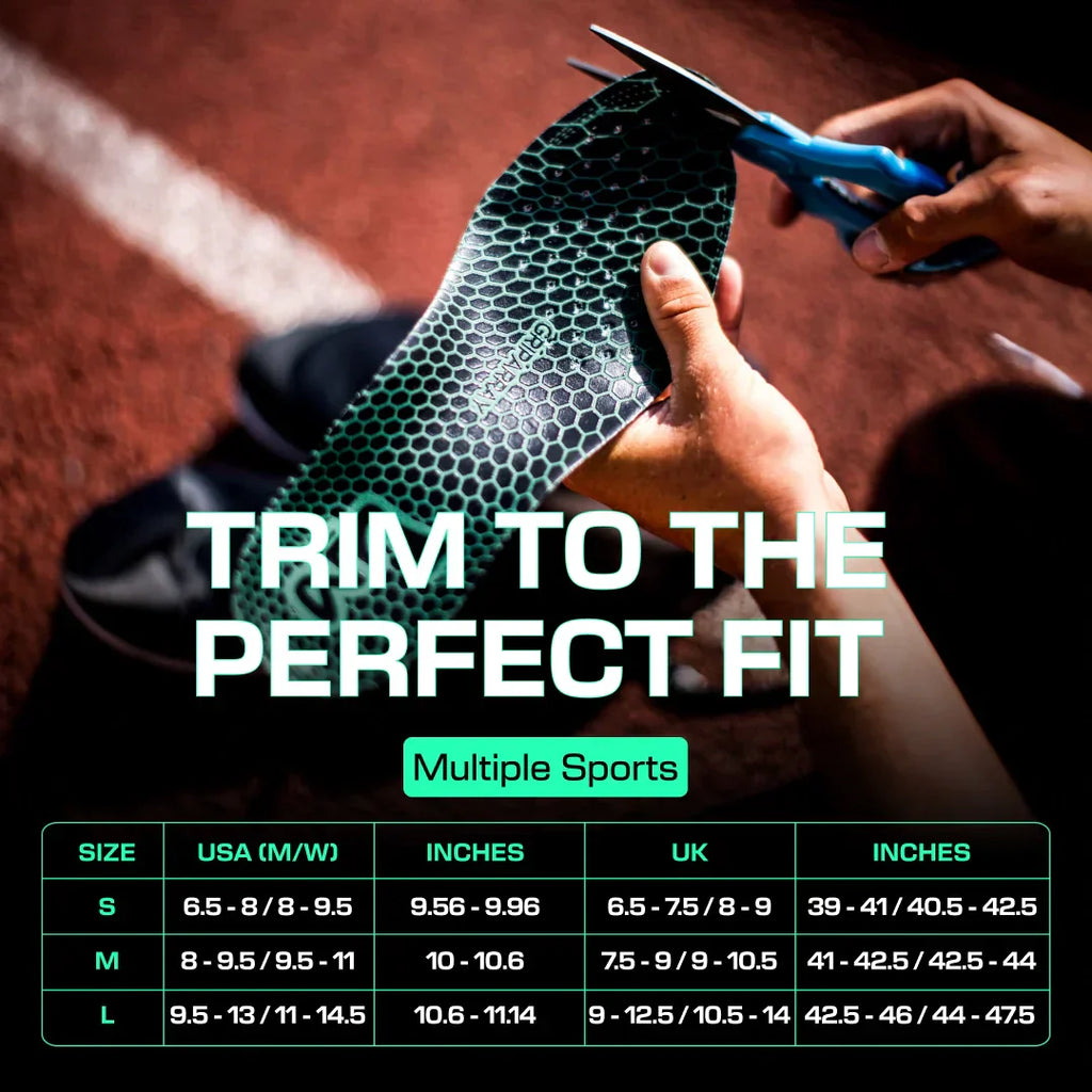 Lux Dual Grip™ Sports Insoles with GripArray™ technology, customizable fit for multiple sports.