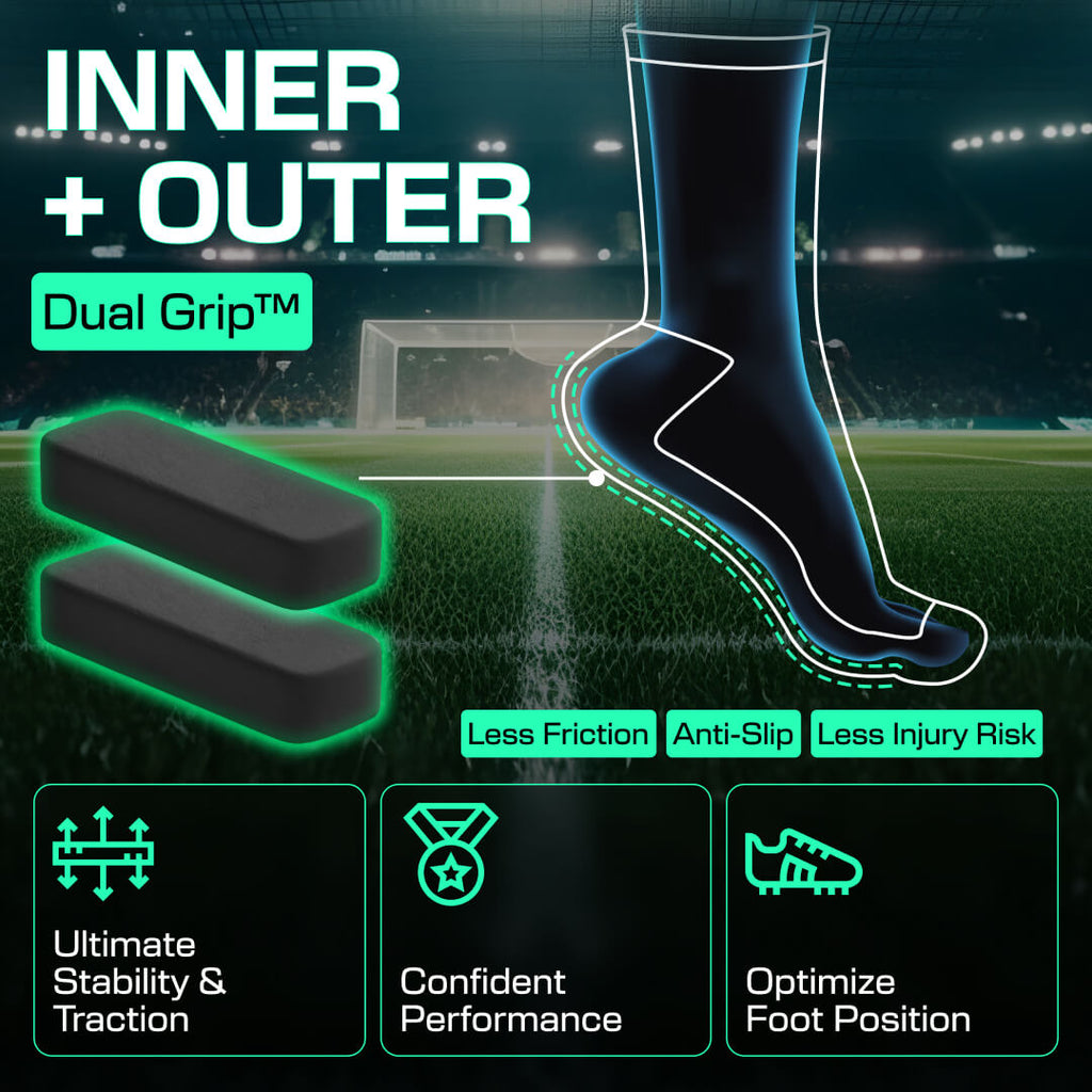 Grip socks football with dual inner and outer grips, enhancing athletic performance and reducing slippage for stability.