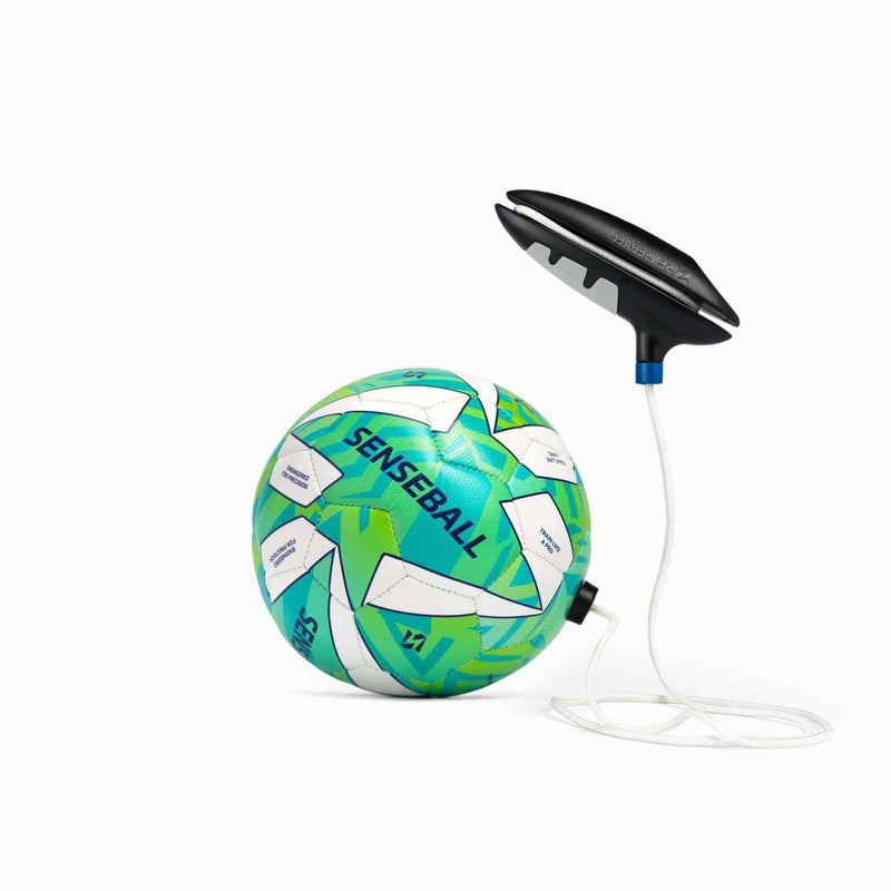 Green SenseBall Football Kick Trainer Pro-Level size 2 ball with tether and handle for advanced soccer skill training