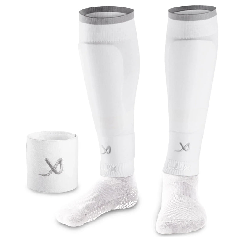 White LUX football sleeves with silicone grip and compression technology for a secure fit and enhanced performance.