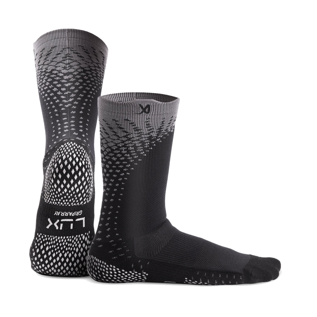 LUX GripArray grip socks in black, pair shown front and side