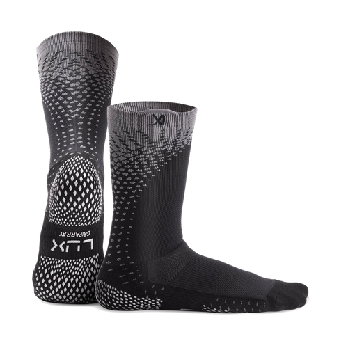 LUX GripArray grip socks in black, pair shown front and side