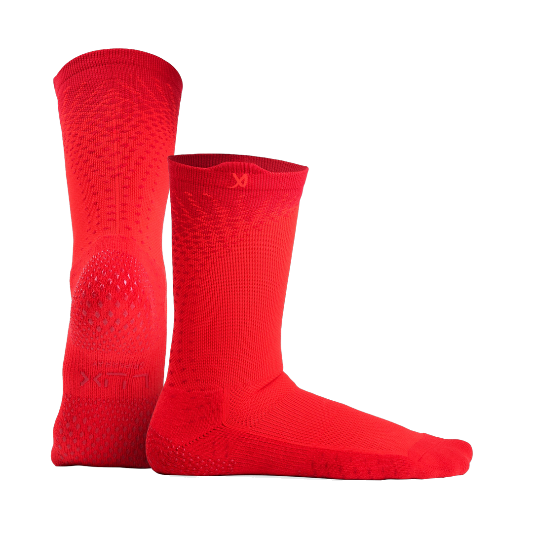 LUX GripArray grip socks in red, pair shown front and side