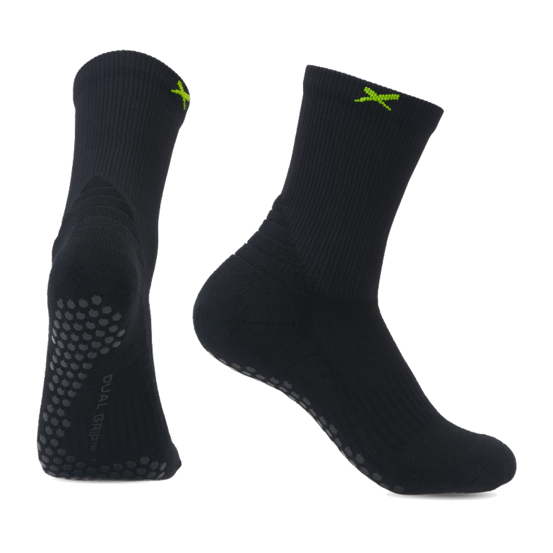 LUX pickleball grip socks in black, pair shown front and side