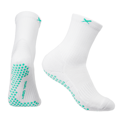 LUX pickleball grip socks in white, pair shown front and side