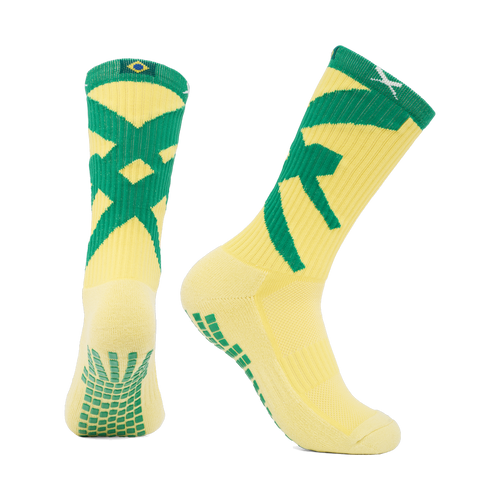 LUX Team Brazil junior football grip socks, pair shown front and side