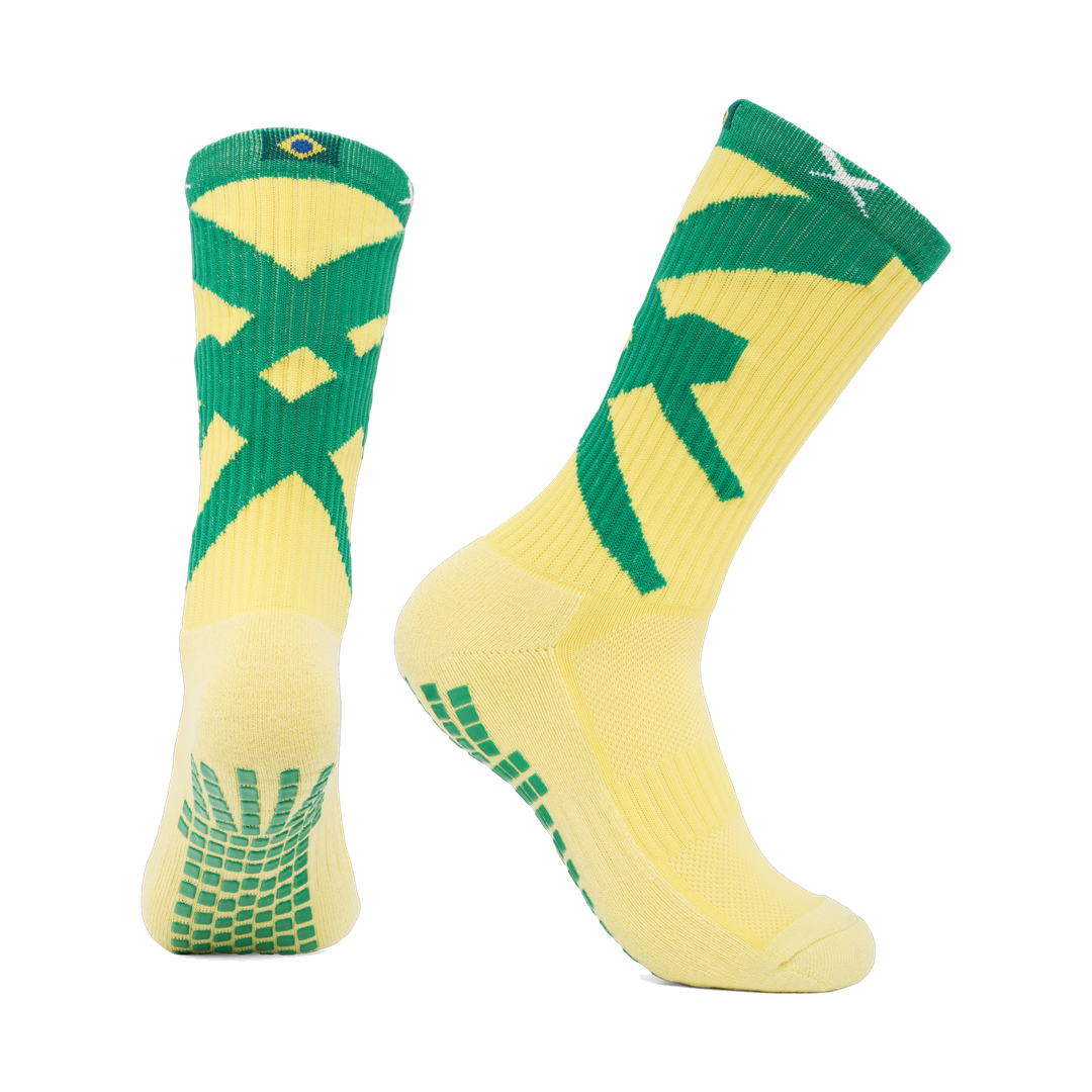 LUX Team Brazil football grip socks, pair shown front and side