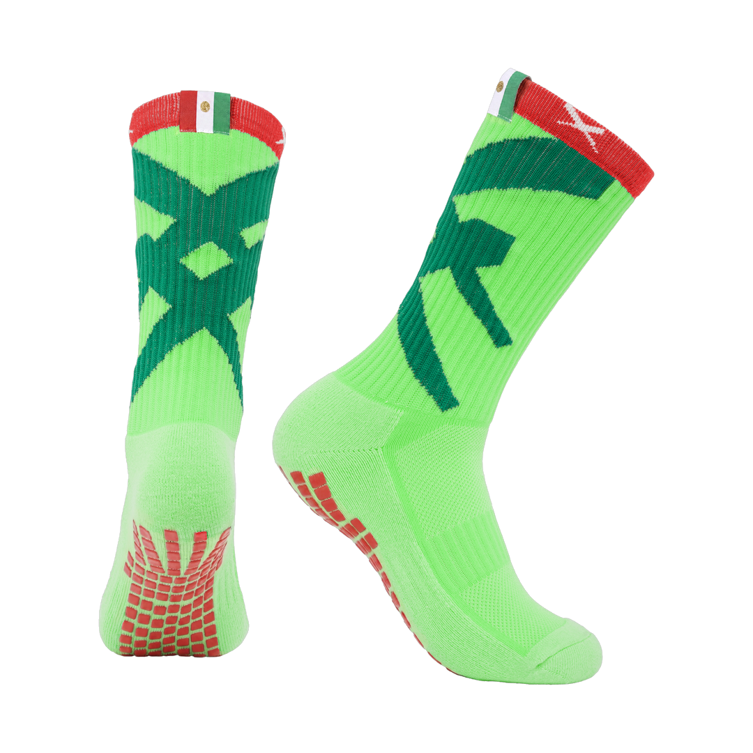 LUX Team Mexico football grip socks, pair shown front and side