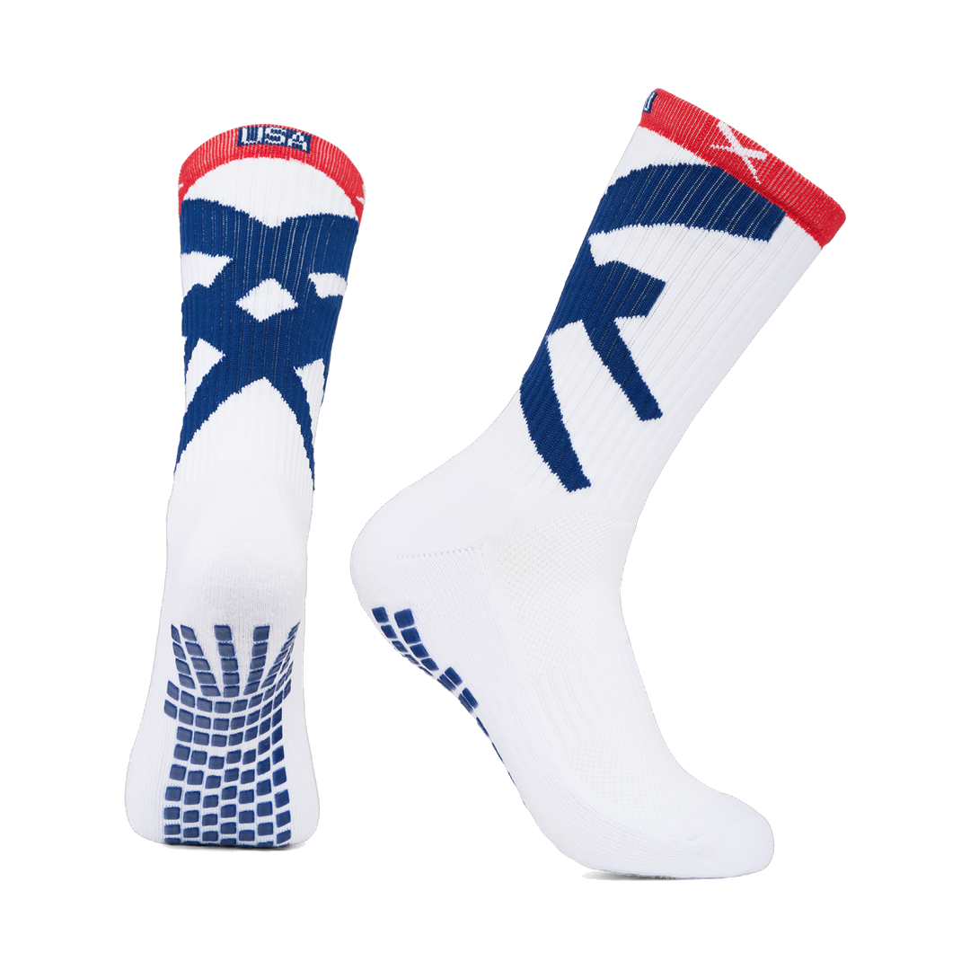 LUX Team USA football grip socks, pair shown front and side