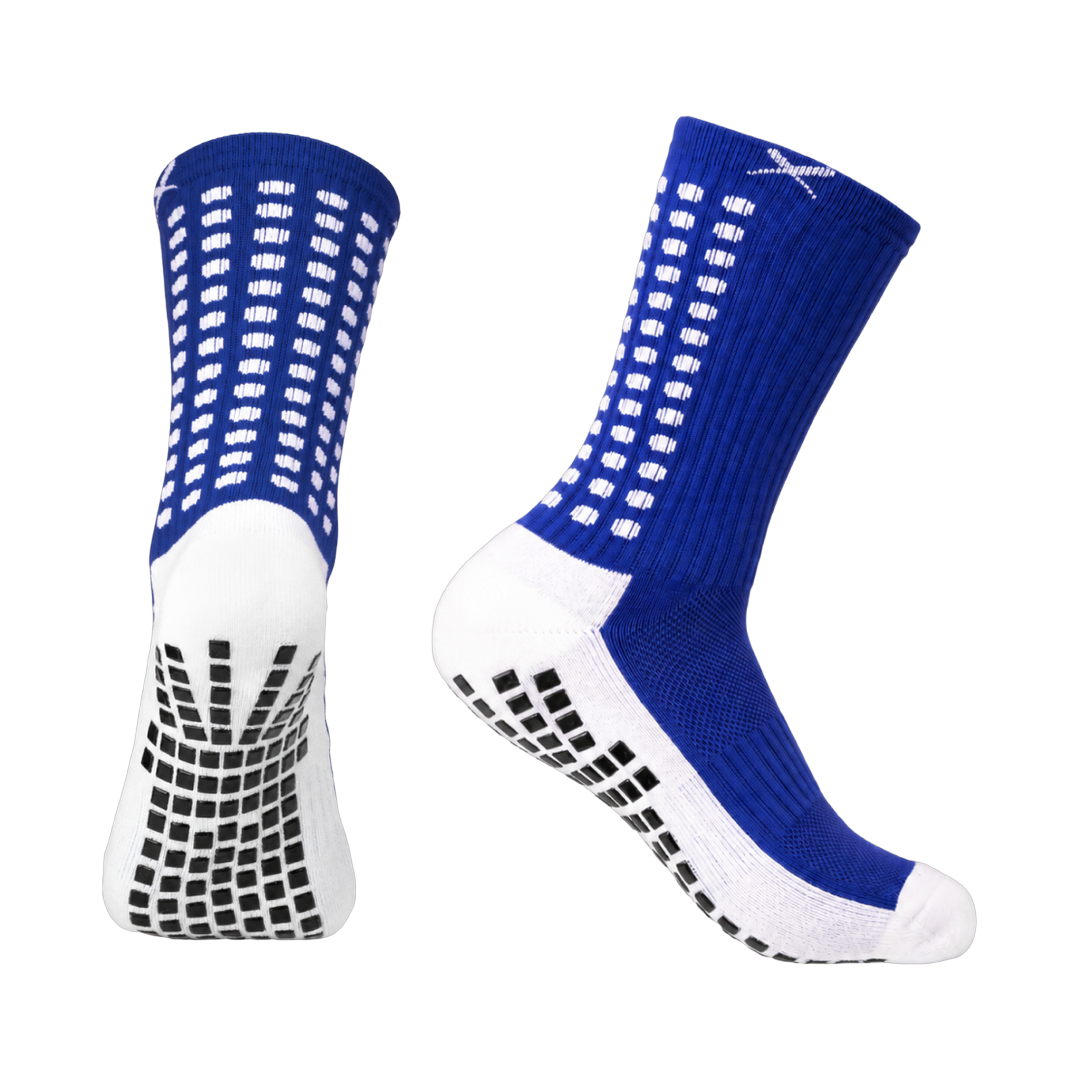 LUX V1 football grip socks in blue, pair shown front and side