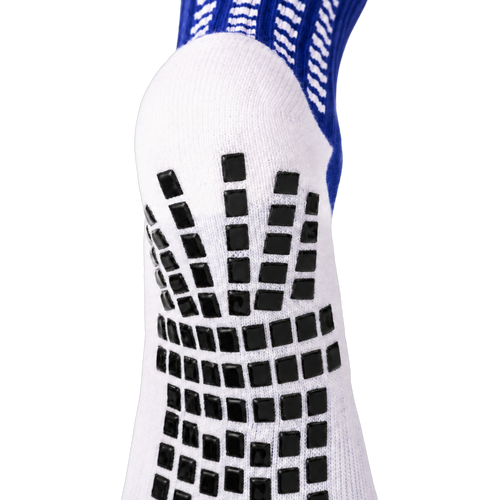 Back and heel grip detail on the blue LUX V1 junior grip sock