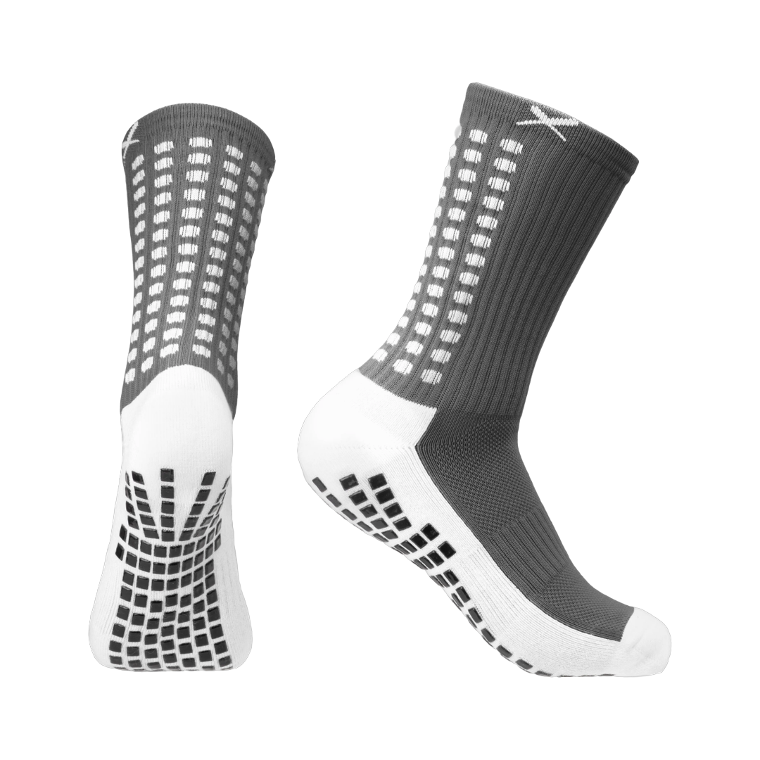 LUX V1 football grip socks in gray, pair shown front and side
