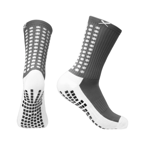 LUX V1 football grip socks in gray, pair shown front and side
