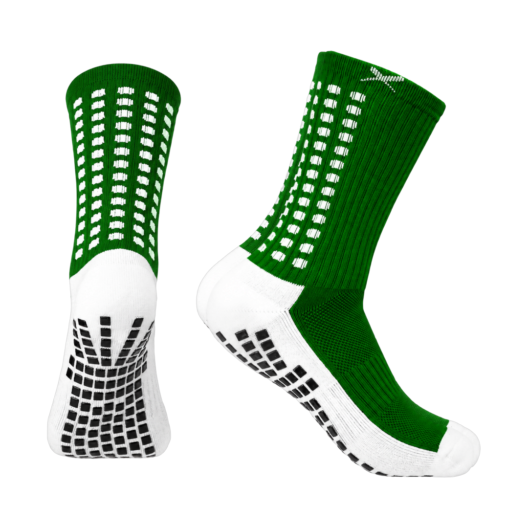 LUX V1 football grip socks in green, pair shown front and side