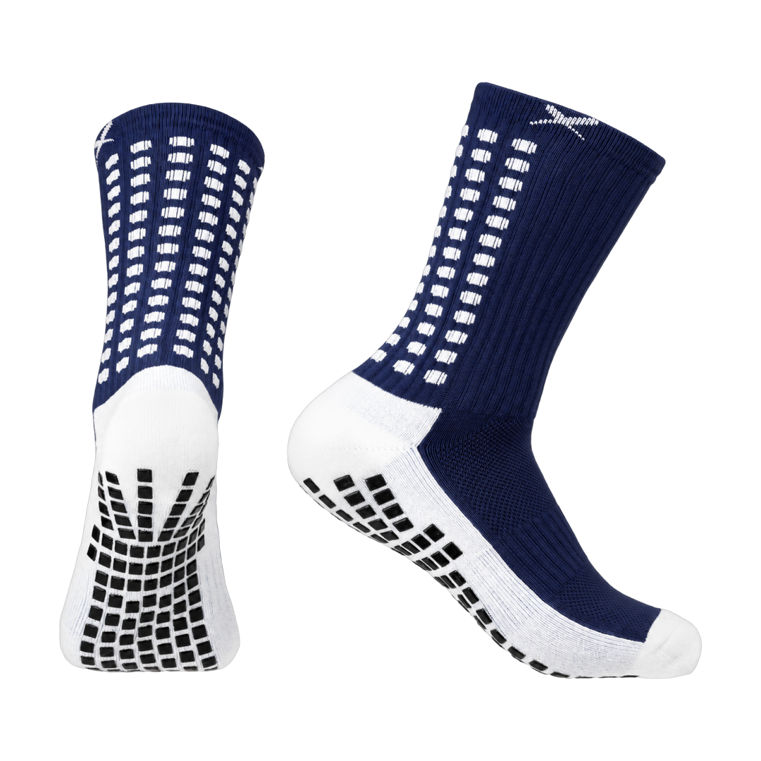 LUX V1 football grip socks in navy blue, pair shown front and side