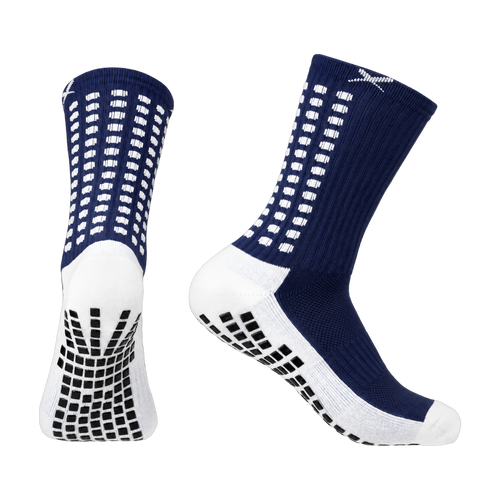 LUX V1 football grip socks in navy blue, pair shown front and side