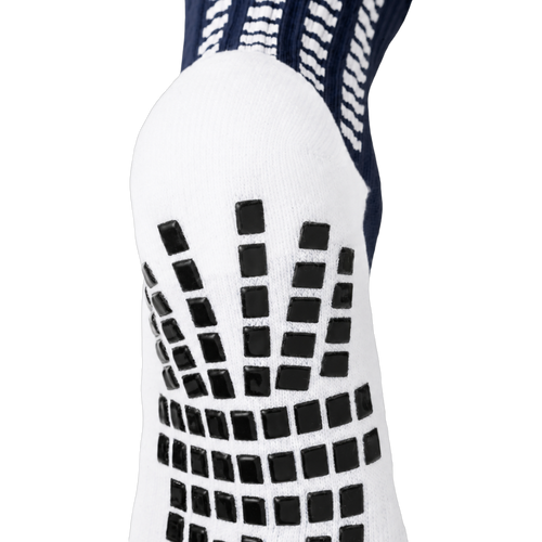 Back and heel grip detail on the navy blue LUX V1 grip sock