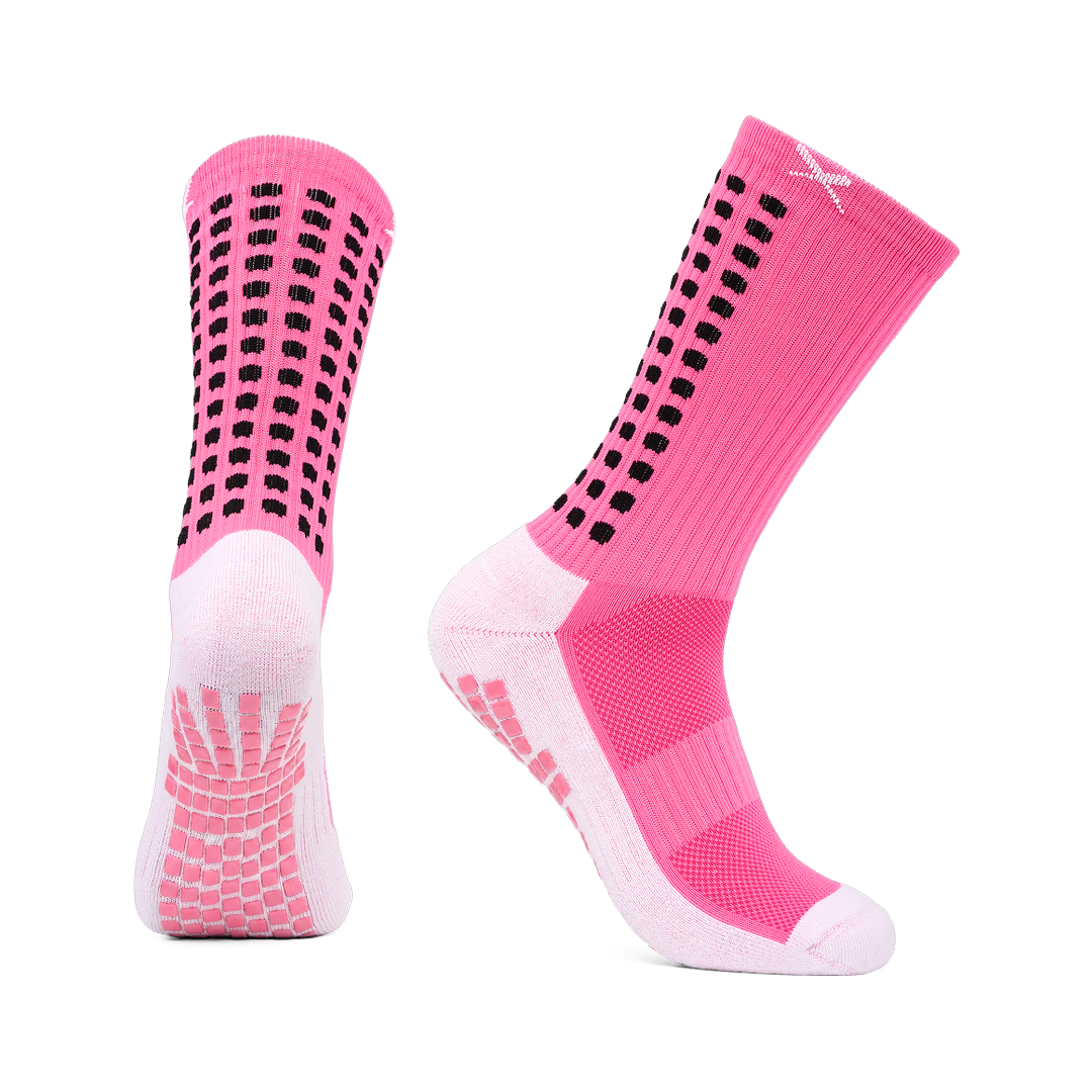 LUX V1 football grip socks in pink, pair shown front and side