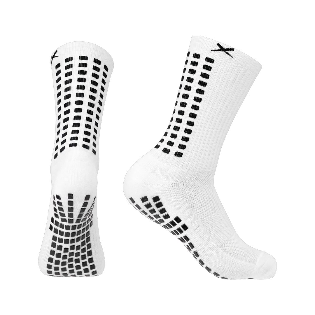 LUX V1 football grip socks in white, pair shown front and side