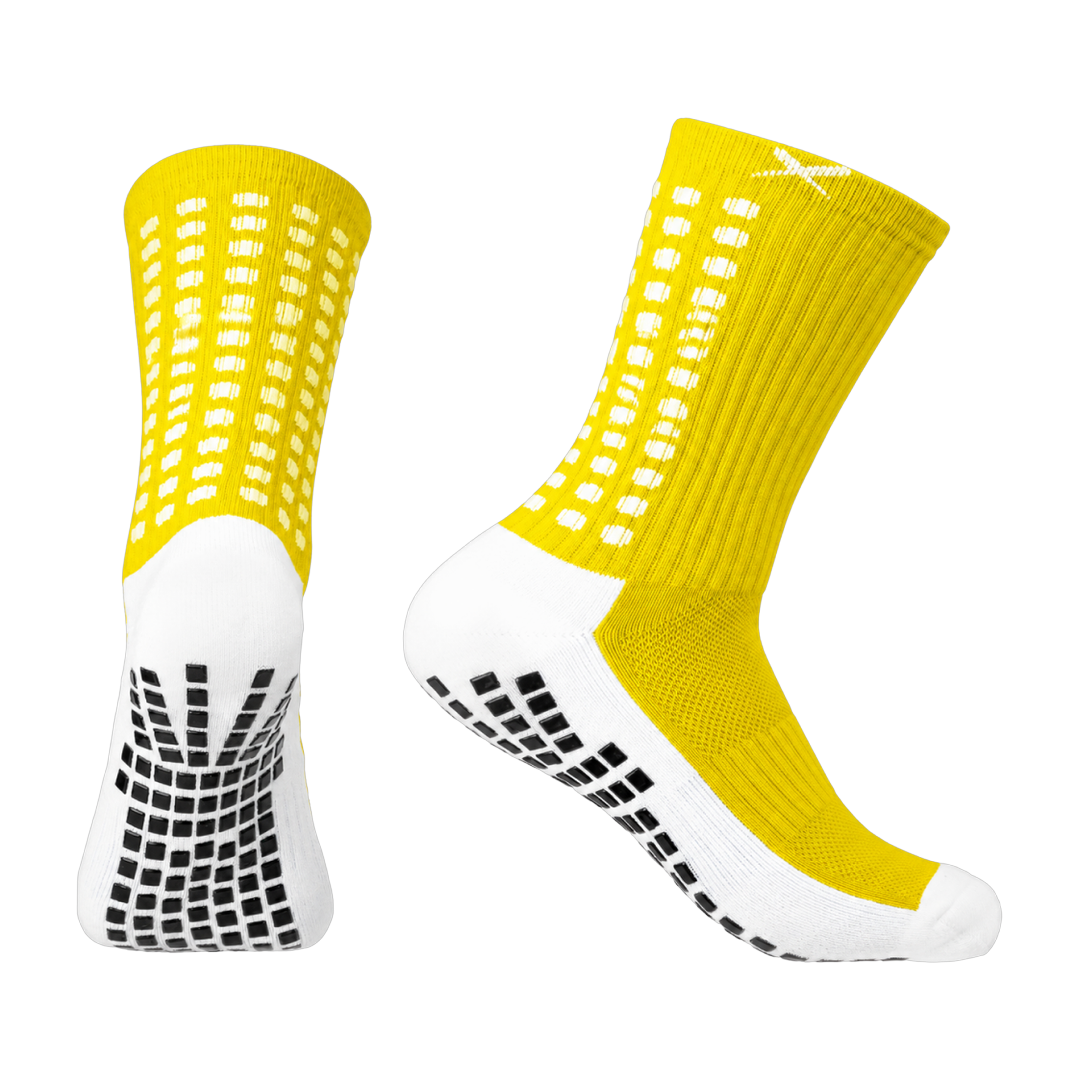 LUX V1 football grip socks in yellow, pair shown front and side