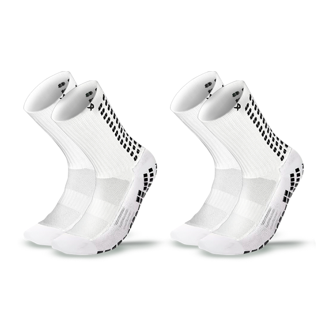 Two pairs of white LUX football grip socks, calf length, with anti-slip Dual Grip sole – 2 pack
