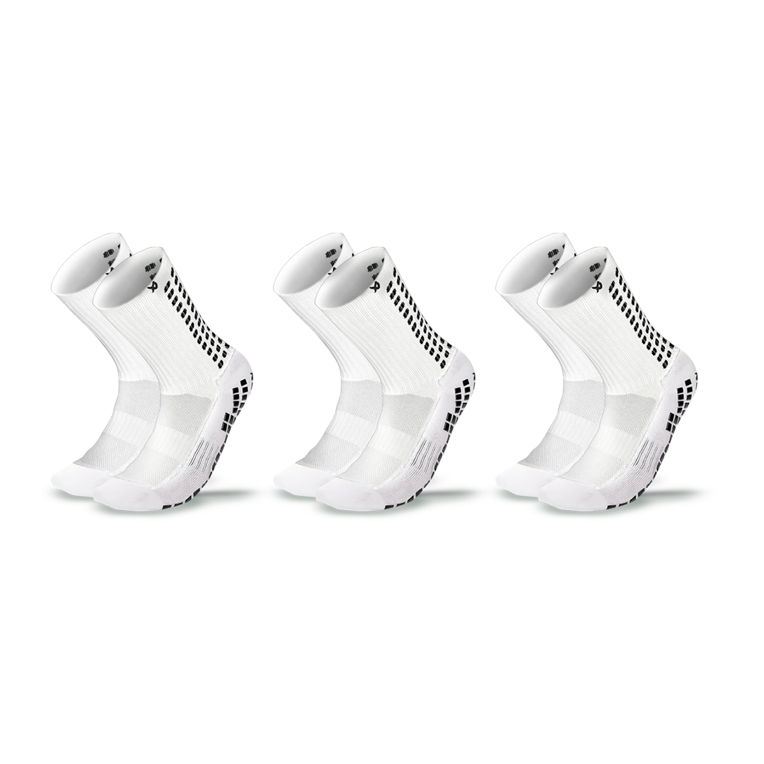 Three pairs of white LUX football grip socks, calf length, with anti-slip Dual Grip sole – 3 pack